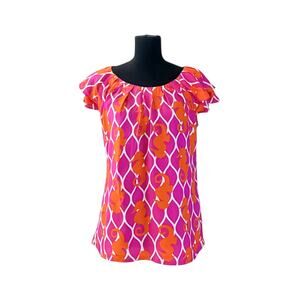 Escapada Pink Seahorse Tropical Resort Short Sleeve 100% Rayon Blouse Small